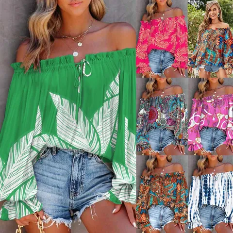 Sexy Women Off Shoulder Polyester Printed Shirt Long Sleeve Tie Neck Bohemian Casual Blouse Holiday Top