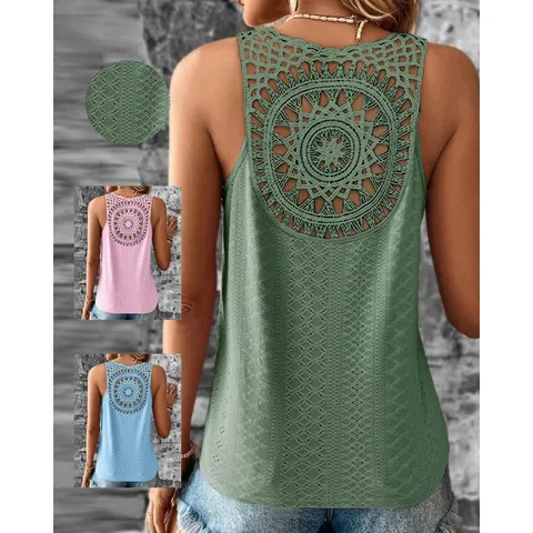Women V-Neck Sleeveless Tank Top Back Hollow Out Crochet Lace Trim Summer Casual Bohemian Solid Color Slim Fit Top