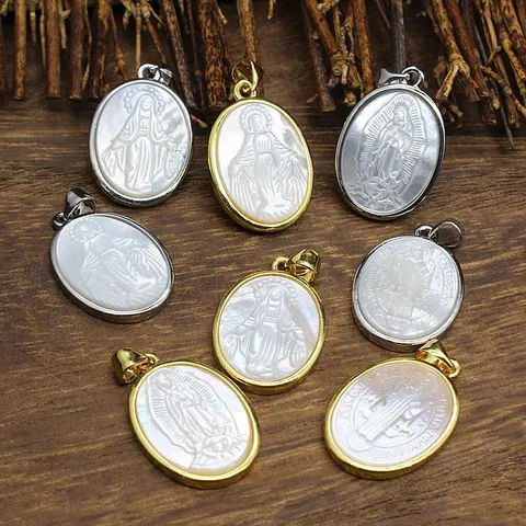 Natürliche Perlmutt Geschnitzte Religiöse Anhänger Halskette Jungfrau Maria Heiliger Benedikt Medaille Gold Silber Legierung Schmuck