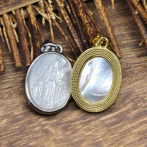 Natürliche Perlmutt Geschnitzte Religiöse Anhänger Halskette Jungfrau Maria Heiliger Benedikt Medaille Gold Silber Legierung Schmuck