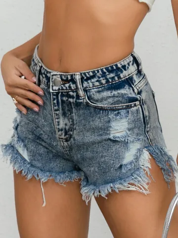 Pantaloncini di Jeans Sexy da Donna in Poliestere a Vita Alta Strappati Orlo Sfilacciato Lavaggio Acido Taglie Forti Estate Casual