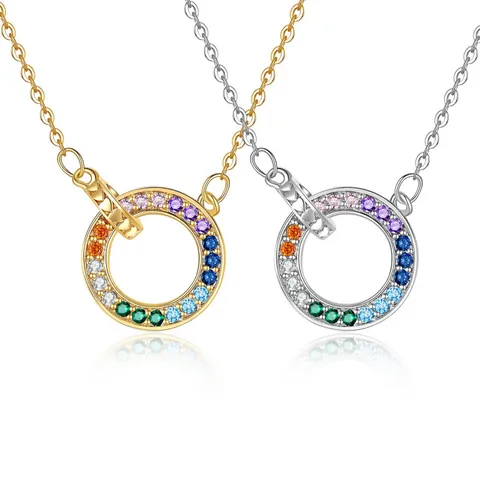 Collar con Colgante de Doble Anillo Arcoiris para Mujer de Latón Galvanizado con Circonia Incrustada Joyería de Moda