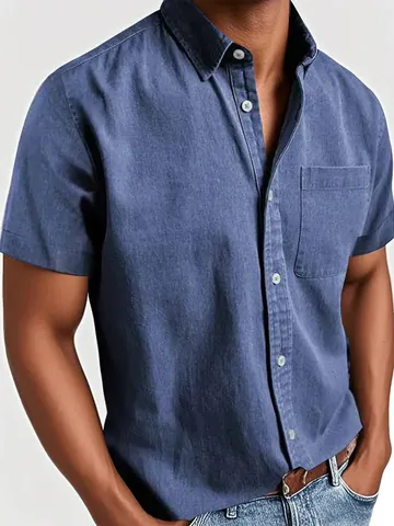 Men Casual Short Sleeve Shirt Solid Color Turn Down Collar Button Up Shirt With Pocket Summer Regular Fit Polyester Top