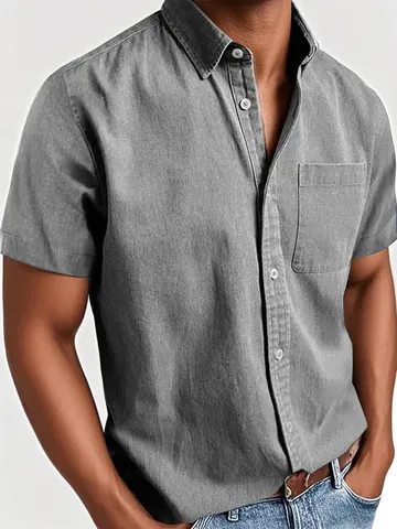 Men's Casual Short Sleeve Button Up Shirt Lapel Collar Solid Color Washed Polyester Blouse Top With Chest Pocket Clothing