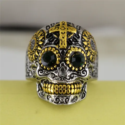 Anillo de Calavera de Acero de Titanio Vintage Punk para Hombre Mujer Gótico Cruz Tallado Anillo de Ojo de Strass Joyería Biker STR312