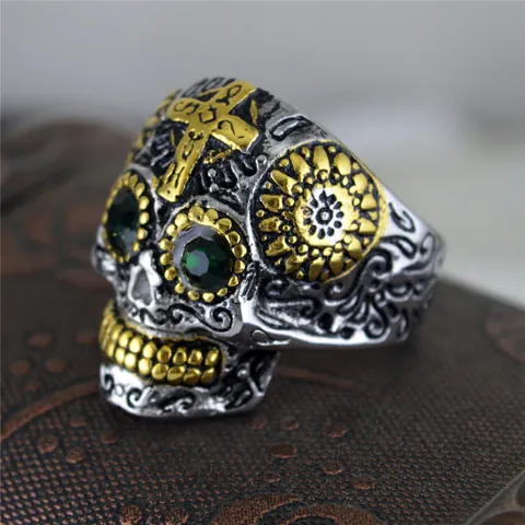 Anillo de Calavera de Acero de Titanio Vintage Punk para Hombre Mujer Gótico Cruz Tallado Anillo de Ojo de Strass Joyería Biker STR312