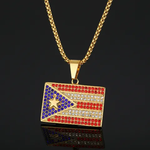 Hip Hop Street Style Stainless Steel Puerto Rico Cuba Flag Pendant Necklace Iced Out Rhinestone Pave Rectangle Flag Necklace Jewelry For Men Women