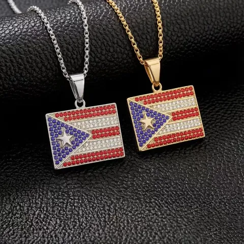 Hip Hop Street Style Stainless Steel Puerto Rico Cuba Flag Pendant Necklace Iced Out Rhinestone Pave Rectangle Flag Necklace Jewelry For Men Women