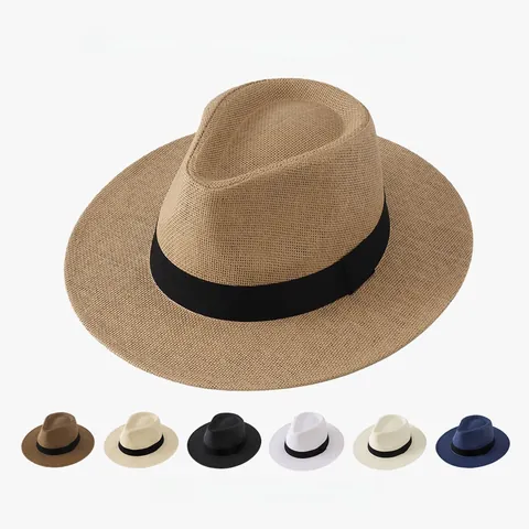 Chapeau de Paille Panama pour Hommes Femmes Large Bord Protection Solaire Vacances Plage Chapeau Fedora Tissé Avec Ruban Boucle de Ceinture