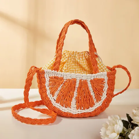 Bolso de Mano de Paja Tejida con Forma de Fruta Diseño de Naranja Sandía Bolso Bandolera de Playa para Mujer Niños Verano Forro Gingham