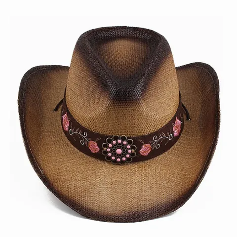 Summer Paper Straw Western Cowboy Hat Embroidered Rose Breathable Sun Protection Wide Brim Beach Travel Fedora Hat