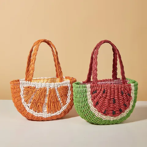 Bolso de Mano de Paja Tejida con Forma de Fruta Diseño de Naranja Sandía Bolso Bandolera de Playa para Mujer Niños Verano Forro Gingham