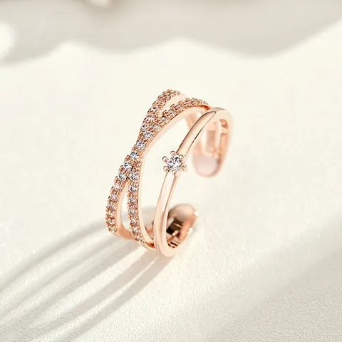 Fashion Korean Style Double Layer Cross Open Ring For Women Adjustable Copper Pave Rhinestone Finger Ring Jewelry