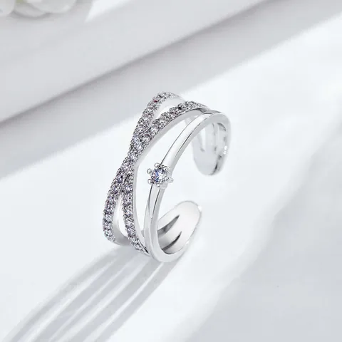Fashion Korean Style Double Layer Cross Open Ring For Women Adjustable Copper Pave Rhinestone Finger Ring Jewelry