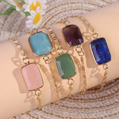 Facettiert Quadratisch Naturstein Verstellbar Armband Vergoldet Kupferkette Amethyst Rosenquarz Elegant Schmuck Für Damen