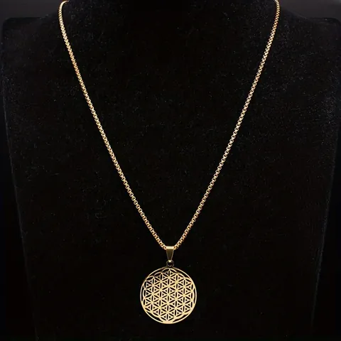 Collier Pendentif Fleur de Vie en Acier Inoxydable pour Femmes Hommes Géométrique Creux Rond Cercle Or Argent Bijoux