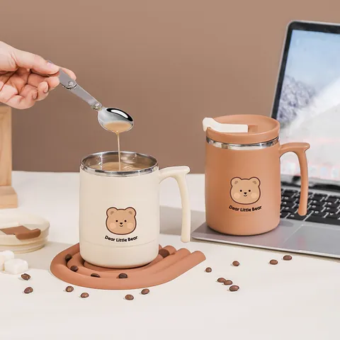 Taza de Café de Acero Inoxidable 304 Con Tapa y Pajita Taza de Agua Térmica Aislada Portátil Oso de Dibujos Animados Mate Oficina Viaje