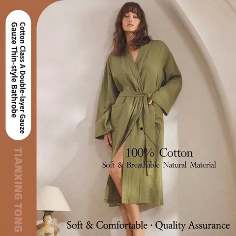 Dames Heren Katoen Dubbele Gaze Badjas Dun Zacht Ademend V-hals Nachtkleding Ochtendjas Set Casual Huisman Casual