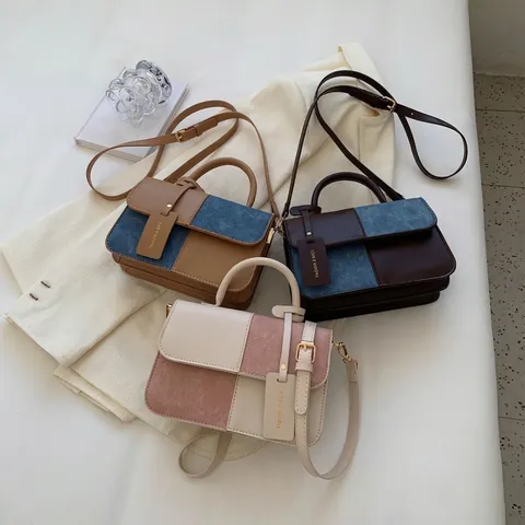 Women Retro Color Block Patchwork Crossbody Bag PU Leather Small Square Handbag With Top Handle Fashion Messenger Bag
