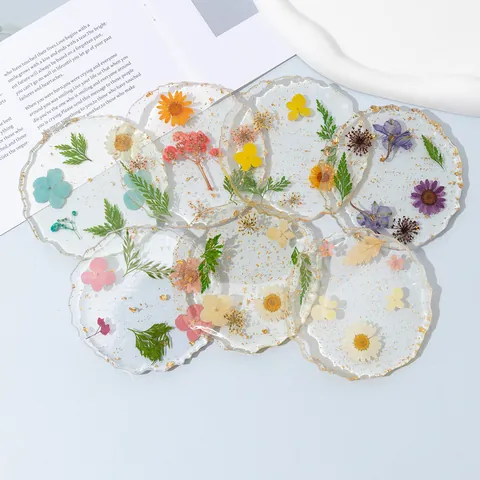 Sottobicchiere in Resina Trasparente Con Veri Fiori Secchi E Foglia d'Oro Bordo Irregolare Sottocoppa Floreale Resistente al Calore