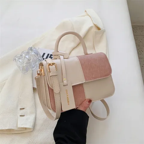 Women Retro Color Block Patchwork Crossbody Bag PU Leather Small Square Handbag With Top Handle Fashion Messenger Bag