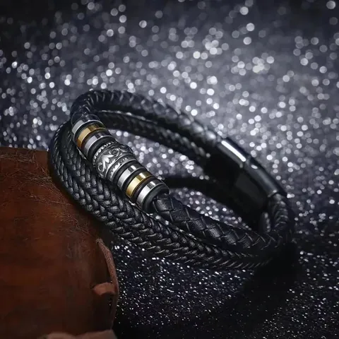 Pulsera de Cuero Tejido de Varias Capas para Hombre Vintage Negocios Cuentas de Aleación Cierre Magnético Láser Joyería de Moda