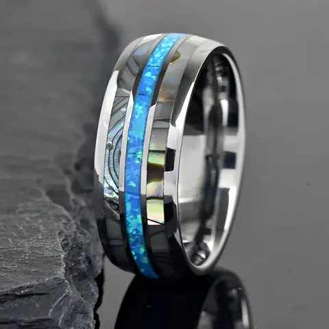 Herren Edelstahl Bandring Mit Einlage Aus Natürlicher Abalone-Muschel Und Blauer Synthetischer Opal-Textur Mode Schmuck Fingerring