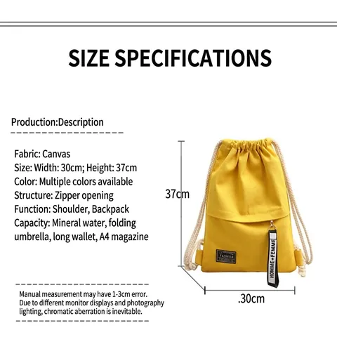 Minimalistische Effen Gele Canvas Rugzak Met Trekkoord Voor Dames Met Mode Letterpatch Vrije Tijd Outdoor Reistas Schoudertas
