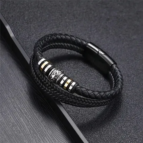 Pulsera de Cuero Tejido de Varias Capas para Hombre Vintage Negocios Cuentas de Aleación Cierre Magnético Láser Joyería de Moda