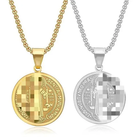 Stainless Steel St. Benedict Medal Pendant Necklace Religious Hip Hop Unisex Jewelry Round Coin Amulet Relief Neck Chain For Men Women
