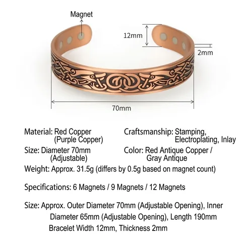 Bracciale Magnetico in Rame con Motivo a Drago Celtico per Uomo Donna Bracciale Rigido Regolabile in Rame Rosso Gioielli Regalo