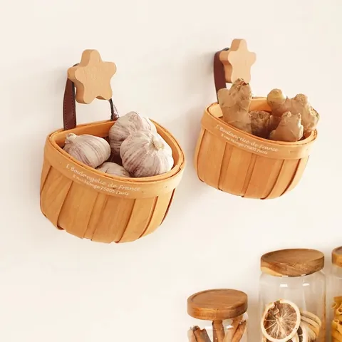 Handgewebter Holzspan Hängekorb Mit Ledergriff Küche Ingwer Knoblauch Zwiebel Aufbewahrungskorb Pastorale Wanddeko Hängekörbe