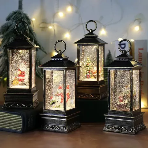 Lanterna Natalizia Vintage Carillon con Neve Luci LED Babbo Natale Pupazzo di Neve Albero Decorazioni USB Batteria Regalo Arredamento Casa