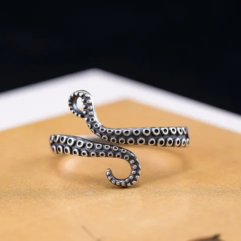 Anello Aperto Tentacolo di Polpo Cthulhu Retrò per Donna Anello al Dito in Lega Argento Antico Regolabile Gioielli
