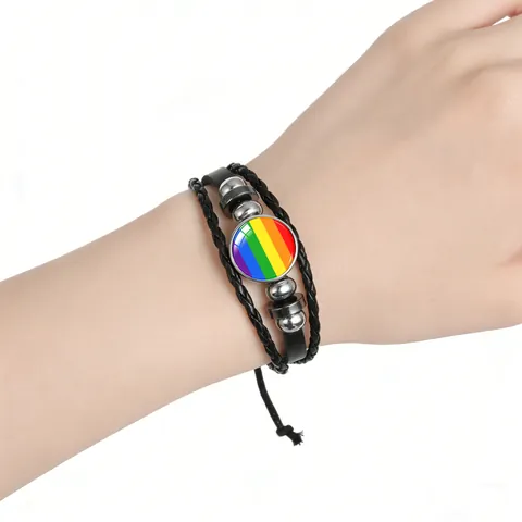 Vintage Multi-Layer Woven Leather Bracelet For Women Men Adjustable LGBT Pride Rainbow Flag Glass Cabochon Alloy Jewelry