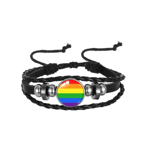 Vintage Multi-Layer Woven Leather Bracelet For Women Men Adjustable LGBT Pride Rainbow Flag Glass Cabochon Alloy Jewelry