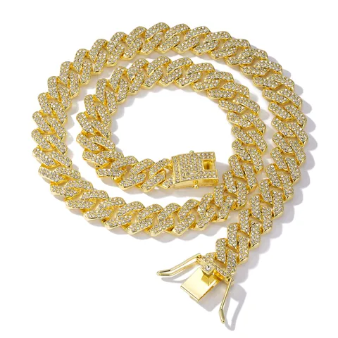Collier Chaîne à Mailles Cubaines Losange Hip Hop en Alliage de Zinc Plein Strass Bijoux Iced Out pour Hommes Femmes Accessoires Tendance