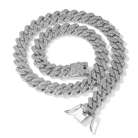 Collier Chaîne à Mailles Cubaines Losange Hip Hop en Alliage de Zinc Plein Strass Bijoux Iced Out pour Hommes Femmes Accessoires Tendance