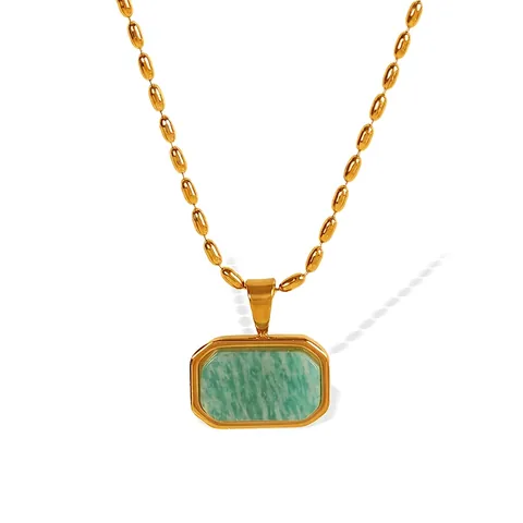 Collana con Ciondolo Rettangolare in Acciaio Inossidabile e Pietra Naturale Stile Francese Catena a Sfere Placcata Oro per Donna