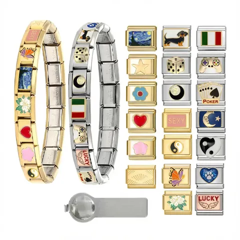 Edelstahl Italienisches Charm-Armband DIY Elastisches Spleißglied Schmuck Mit Verschiedenen Emaille-Mustern Anhänger Geschenk Für Damen Herren