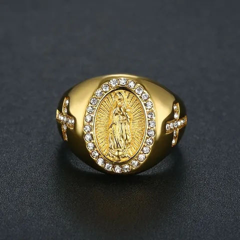 Stainless Steel Hip Hop Virgin Mary Portrait Ring Gold Silver Plated Rhinestone Cross Inlaid Men Ring Punk Jewelry