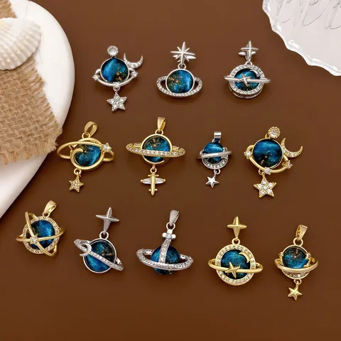 Dreamy Planet Series Pendant Copper Rhinestone Inlaid Star Moon Saturn Orb Design Jewelry Accessory For Women DIY Making