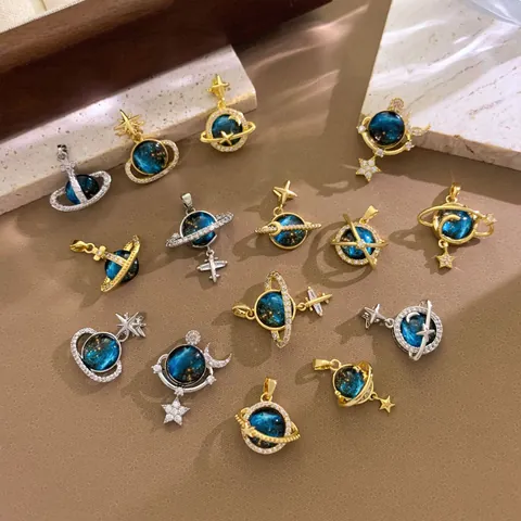 Dreamy Planet Series Pendant Copper Rhinestone Inlaid Star Moon Saturn Orb Design Jewelry Accessory For Women DIY Making