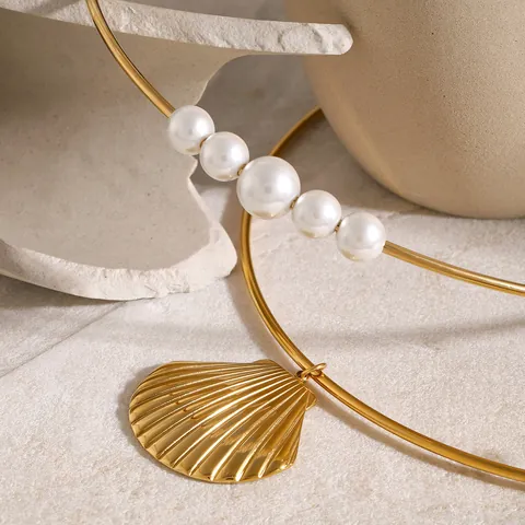 French Vintage 18K Gold Plated Stainless Steel Ocean Shell Pendant Choker Necklace Elegant Artificial Pearl Fashion Jewelry For Women