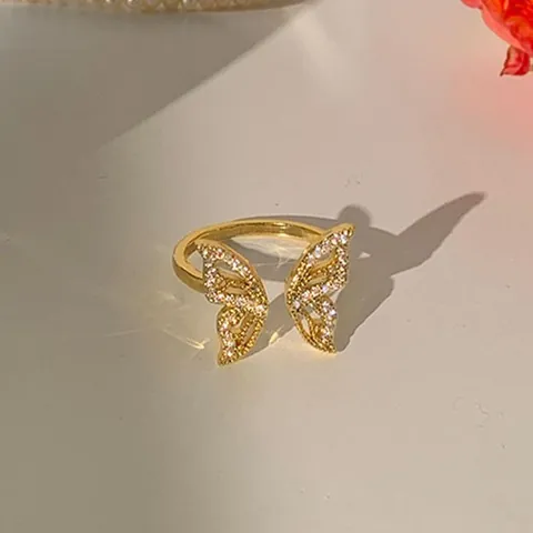 Korean Style Alloy Butterfly Open Ring For Women Light Luxury Rhinestone Inlaid Adjustable Finger Ring Jewelry Gift