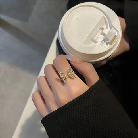 Korean Style Alloy Butterfly Open Ring For Women Light Luxury Rhinestone Inlaid Adjustable Finger Ring Jewelry Gift