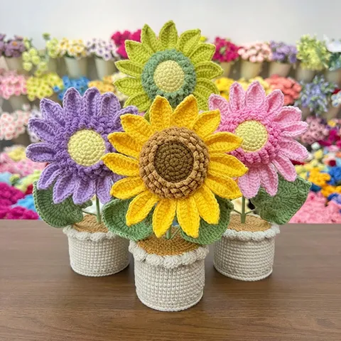 Handgehaakte Zonnebloem Potplant Handgemaakt Garen Gebreide Bloem Tafel Auto Dashboard Decor Creatief Ornament Cadeau Voor Vrouwen