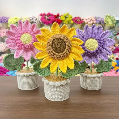 Handgehaakte Zonnebloem Potplant Handgemaakt Garen Gebreide Bloem Tafel Auto Dashboard Decor Creatief Ornament Cadeau Voor Vrouwen