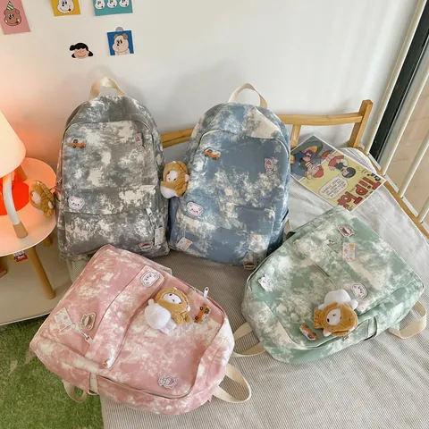 Sac à Dos en Toile Imprimé Tie-Dye Grande Capacité pour Femmes Étudiants Voyage Décontracté Sac d'École Imperméable avec Badges