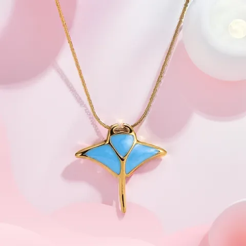 Ozean Mantarochen Edelstahl Anhänger Halskette Für Damen Mode Himmelblau Emaille Vergoldete Schlangenkette Schmuck Geschenk
